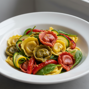 Tortellini Tricolored, Yellow and Green Zucchini, Baby Spinach, Roasted Peppers, Lemon Zest and Roasted Shallot Oil