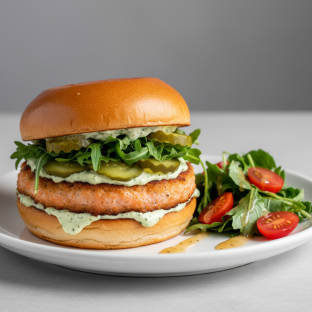 Salmon Burger on Brioche with Side Salad