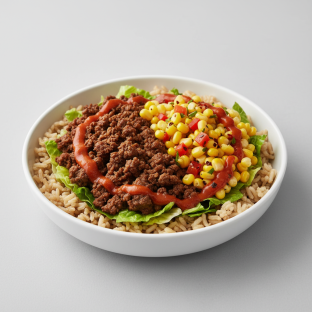 Ground Beef Burrito Bowl with Spicy Corn Salsa and Red Chili Sauce