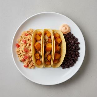 3 Ginger Butternut Squash Corn Tortilla Tacos with Mexican Rice, Black Beans, and Chipotle Mayo