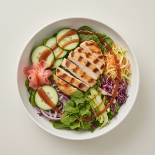 Grilled Chicken, Salad, Cucumber, Onion, Cabbage, Cilantro, Pickled Ginger Grilled Chicken, Salad, Cucumber, Onion, Cabbage, Cilantro, Pickled Ginger