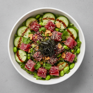 Ahi Tuna, Salad, Cucumber, Edamame, Cilantro, Green Onion, Sesame Seeds, Nori, & Garlic Crisps Ahi Tuna, Salad, Cucumber, Edamame, Cilantro, Green Onion, Sesame Seeds, Nori, & Garlic Crisps