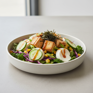 Tofu, Salad, Cucumber, Cabbage, Kale, Corn, Green onion, Soft Tofu, & Nori Tofu, Salad, Cucumber, Cabbage, Kale, Corn, Green onion, Soft Tofu, & Nori