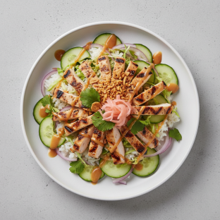 Grilled Chicken, Rice, Cucumber, Onion, Cabbage, Cilantro, Ginger & Garlic Crisps Grilled Chicken, Rice, Cucumber, Onion, Cabbage, Cilantro, Ginger & Garlic Crisps