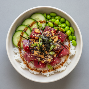 Ahi Tuna, Rice, Cucumber, Edamame, Cilantro, Green Onion, Sesame Seeds, Nori, & Garlic Crisps Ahi Tuna, Rice, Cucumber, Edamame, Cilantro, Green Onion, Sesame Seeds, Nori, & Garlic Crisps