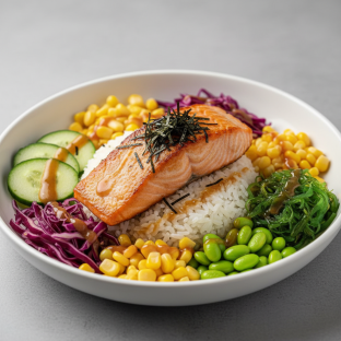 Large Salmon, Rice, Cucumber, Cabbage, Corn, Edamame, Seaweed Salad, & Nori Large Salmon, Rice, Cucumber, Cabbage, Corn, Edamame, Seaweed Salad, & Nori