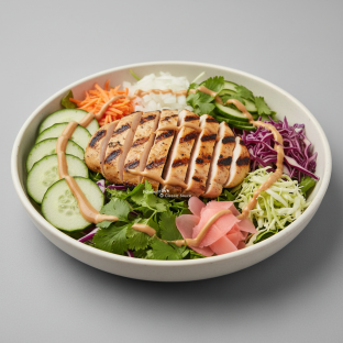 Large Grilled Chicken, Salad, Cucumber, Onion, Cabbage, Cilantro, Pickled Ginger Large Grilled Chicken, Salad, Cucumber, Onion, Cabbage, Cilantro, Pickled Ginger