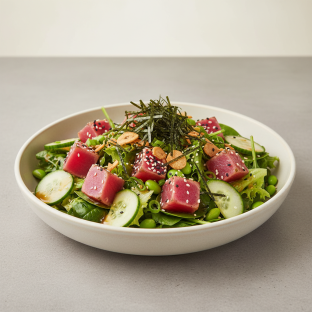 Ahi Tuna, Salad, Cucumber, Edamame, Cilantro, Green Onion, Sesame Seeds, Nori, & Garlic Crisps Ahi Tuna, Salad, Cucumber, Edamame, Cilantro, Green Onion, Sesame Seeds, Nori, & Garlic Crisps