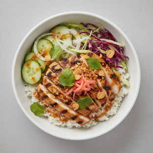 Grilled Chicken, Rice, Cucumber, Sweet Onion, Cabbage, Cilantro, Pickled Ginger & Garlic Crisps