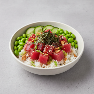 Ahi Tuna, Rice, Cucumber, Edamame, Cilantro, Green Onion, Sesame Seeds, Nori, & Garlic Crisps