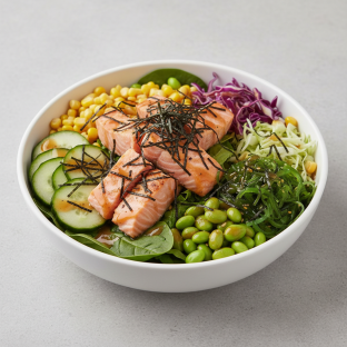 Regular Salmon, Salad, Cucumber, Cabbage, Corn, Edamame, Seaweed Salad, & Nori