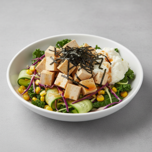 Tofu, Salad, Cucumber, Cabbage, Kale, Corn, Green onion, Soft Tofu, & Nori