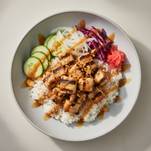 Grilled Chicken, Rice, Cucumber, Sweet Onion, Cabbage, Cilantro, Pickled Ginger & Garlic Crisps
