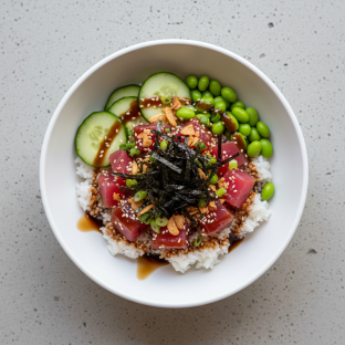 Ahi Tuna, Rice, Cucumber, Edamame, Cilantro, Green Onion, Sesame, Nori, & Garlic Crisps