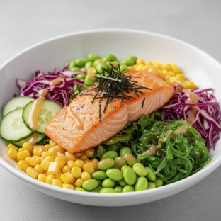 Salmon, Salad, Cucumber, Cabbage, Sweet Corn, Edamame, Seaweed Salad, & Nori