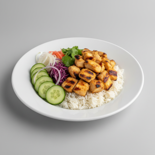 Large AF Grilled Chicken, Rice, Cucumber, Onion, Cabbage, Cilantro, Ginger