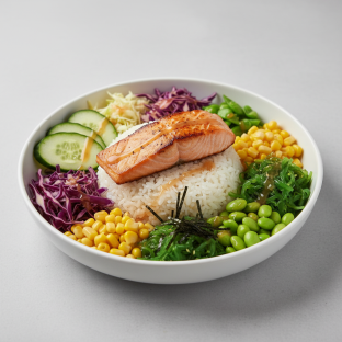 Regular Salmon over White Rice with Cucumber, Cabbage, Sweet Corn, Edamame, Seaweed Salad, and Shredded Nori Regular Salmon over White Rice with Cucumber, Cabbage, Sweet Corn, Edamame, Seaweed Salad, and Shredded Nori