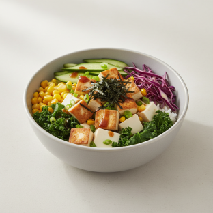 Regular Organic Tofu over White Rice with Cucumber, Cabbage, Blanched Kale, Sweet Corn, Green onion, Soft Tofu, and Shredded Nori Regular Organic Tofu over White Rice with Cucumber, Cabbage, Blanched Kale, Sweet Corn, Green onion, Soft Tofu, and Shredded Nori
