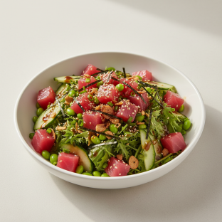 Regular Ahi Tuna over Salad with Cucumber, Edamame, Cilantro, Green Onion, Sesame Seeds, Shredded Nori, and Garlic Crisps Regular Ahi Tuna over Salad with Cucumber, Edamame, Cilantro, Green Onion, Sesame Seeds, Shredded Nori, and Garlic Crisps