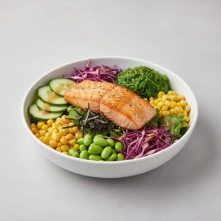 Regular Salmon over Salad with Cucumber, Cabbage, Sweet Corn, Edamame, Seaweed Salad, and Shredded Nori Regular Salmon over Salad with Cucumber, Cabbage, Sweet Corn, Edamame, Seaweed Salad, and Shredded Nori
