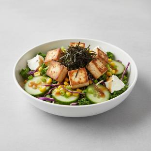 Regular Organic Tofu over Salad with Cucumber, Cabbage, Blanched Kale, Sweet Corn, Green onion, Soft Tofu, and Shredded Nori Regular Organic Tofu over Salad with Cucumber, Cabbage, Blanched Kale, Sweet Corn, Green onion, Soft Tofu, and Shredded Nori