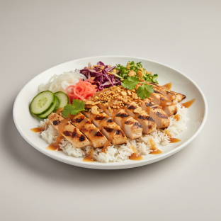 Large Grilled Chicken over White Rice with Cucumber, Sweet Onion, Cabbage, Cilantro, Pickled Ginger and Garlic Crisps Large Grilled Chicken over White Rice with Cucumber, Sweet Onion, Cabbage, Cilantro, Pickled Ginger and Garlic Crisps