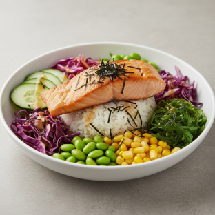 Large Salmon over White Rice with Cucumber, Cabbage, Sweet Corn, Edamame, Seaweed Salad, and Shredded Nori Large Salmon over White Rice with Cucumber, Cabbage, Sweet Corn, Edamame, Seaweed Salad, and Shredded Nori