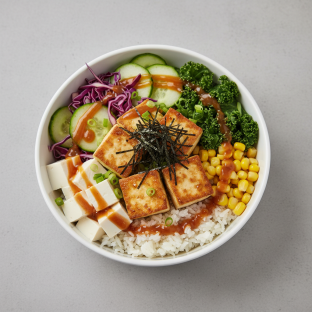 Large Organic Tofu over White Rice with Cucumber, Cabbage, Blanched Kale, Sweet Corn, Green onion, Soft Tofu, and Shredded Nori Large Organic Tofu over White Rice with Cucumber, Cabbage, Blanched Kale, Sweet Corn, Green onion, Soft Tofu, and Shredded Nori