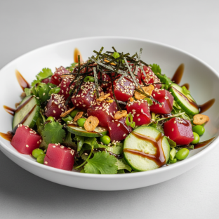 Large Ahi Tuna over Salad with Cucumber, Edamame, Cilantro, Green Onion, Sesame Seeds, Shredded Nori, and Garlic Crisps Large Ahi Tuna over Salad with Cucumber, Edamame, Cilantro, Green Onion, Sesame Seeds, Shredded Nori, and Garlic Crisps
