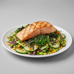 Large Salmon over Salad with Cucumber, Cabbage, Sweet Corn, Edamame, Seaweed Salad, and Shredded Nori Large Salmon over Salad with Cucumber, Cabbage, Sweet Corn, Edamame, Seaweed Salad, and Shredded Nori