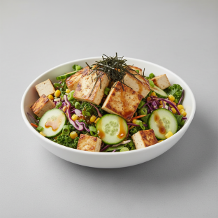 Large Organic Tofu over Salad with Cucumber, Cabbage, Blanched Kale, Sweet Corn, Green onion, Soft Tofu, and Shredded Nori Large Organic Tofu over Salad with Cucumber, Cabbage, Blanched Kale, Sweet Corn, Green onion, Soft Tofu, and Shredded Nori