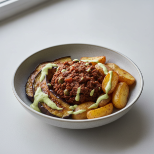 Macro Bowl: Double Picadilo Beef with Miso Eggplant and Potatoes