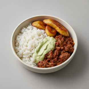 Macro Bowl: Picadillo Beef, Plantains, Jasmine Rice, avocado goddess