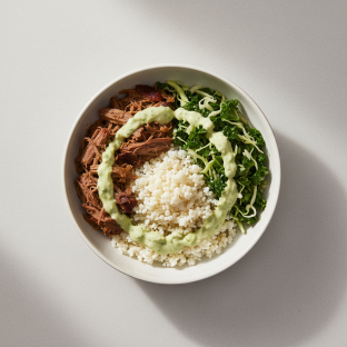 Macro Bowl: Double Beef, Kale Slaw, Cauliflower Rice, avocado goddess