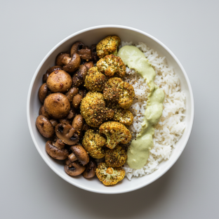 Macro Bowl: Mushrooms, Za'atar Cauliflower, Jasmine Rice, avocado goddess