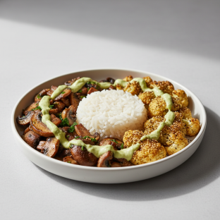 Macro Bowl: Double Mushrooms, Za'atar Cauliflower, Jasmine Rice, avocado goddess