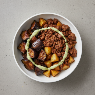 Macro Bowl: Double Picadilo Beef with Miso Eggplant and Potatoes