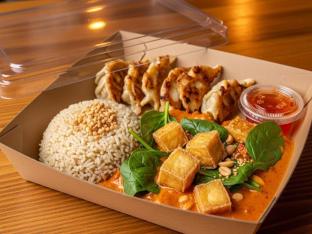 Fried Tofu Bangkok Sweet Chili Curry with Brown Rice and Chicken Potstickers