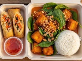 Fried Tofu Bangkok Sweet Chili Curry with White Rice and Vegetable Sping Roll