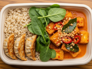 Sauteed Tofu Bangkok Sweet Chili Curry with Brown Rice and Chicken Potstickers