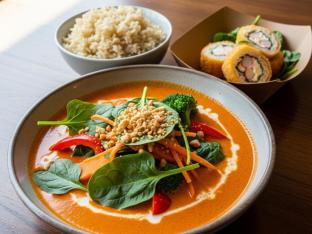 Veggie Bangkok Sweet Chili Curry with Brown Rice and Crab n Cheese Roll