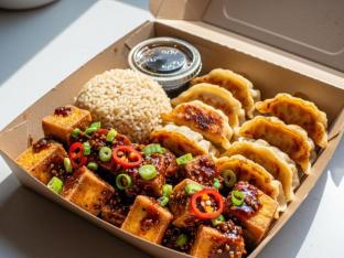 Black Pepper Tofu with Brown Rice and Chicken Potstickers