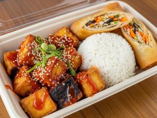 Firecracker Fried Tofu with White Rice and Vegetable Spring Roll