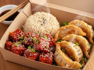 Firecracker Sauteed Tofu wih Brown Rice and Chicken Potstickers
