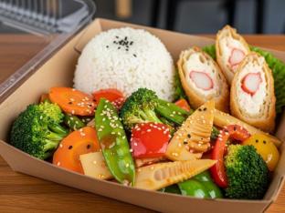 Firecracker Veggie Delight with White Rice and Crab n Cheese Roll