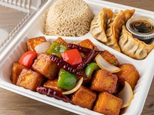 General Tso's Fried Tofu with Brown Rice and Chicken Potstickers