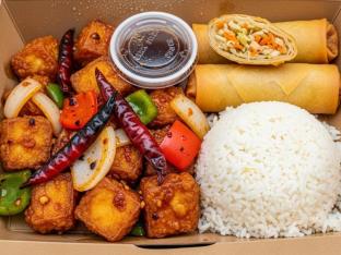 General Tso's Fried Tofu with White Rice and Vegetable Spring Roll