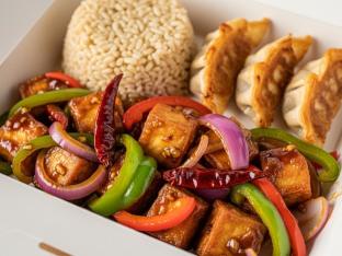 General Tso's Sauteed Tofu with Brown Rice and Chicken Potstickers