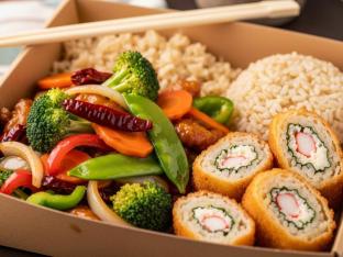 General Tso's Veggie Delight with Brown Rice and Crab n Cheese Roll