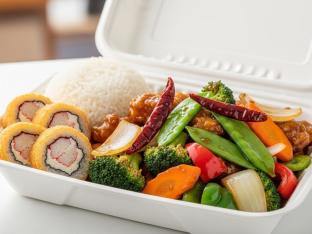 General Tso's Veggie Delight with White Rice and Crab n Cheese Roll